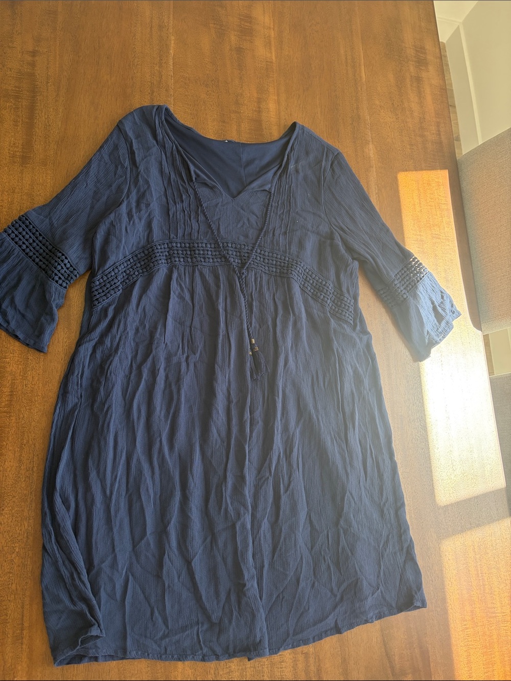 Women's Navy Blue V-Neck Crochet Trim Tunic Top